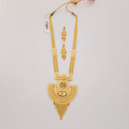 1 Gram Gold (Forming) Long Temple Necklace Set with Grand Antique Pendant & Designer Earrings | Traditional Haram Jewellery