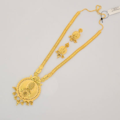 1 Gram Gold (Forming) Long Temple Necklace Set with Round Antique Pendant & Coin Earrings | Traditional Haram Jewellery