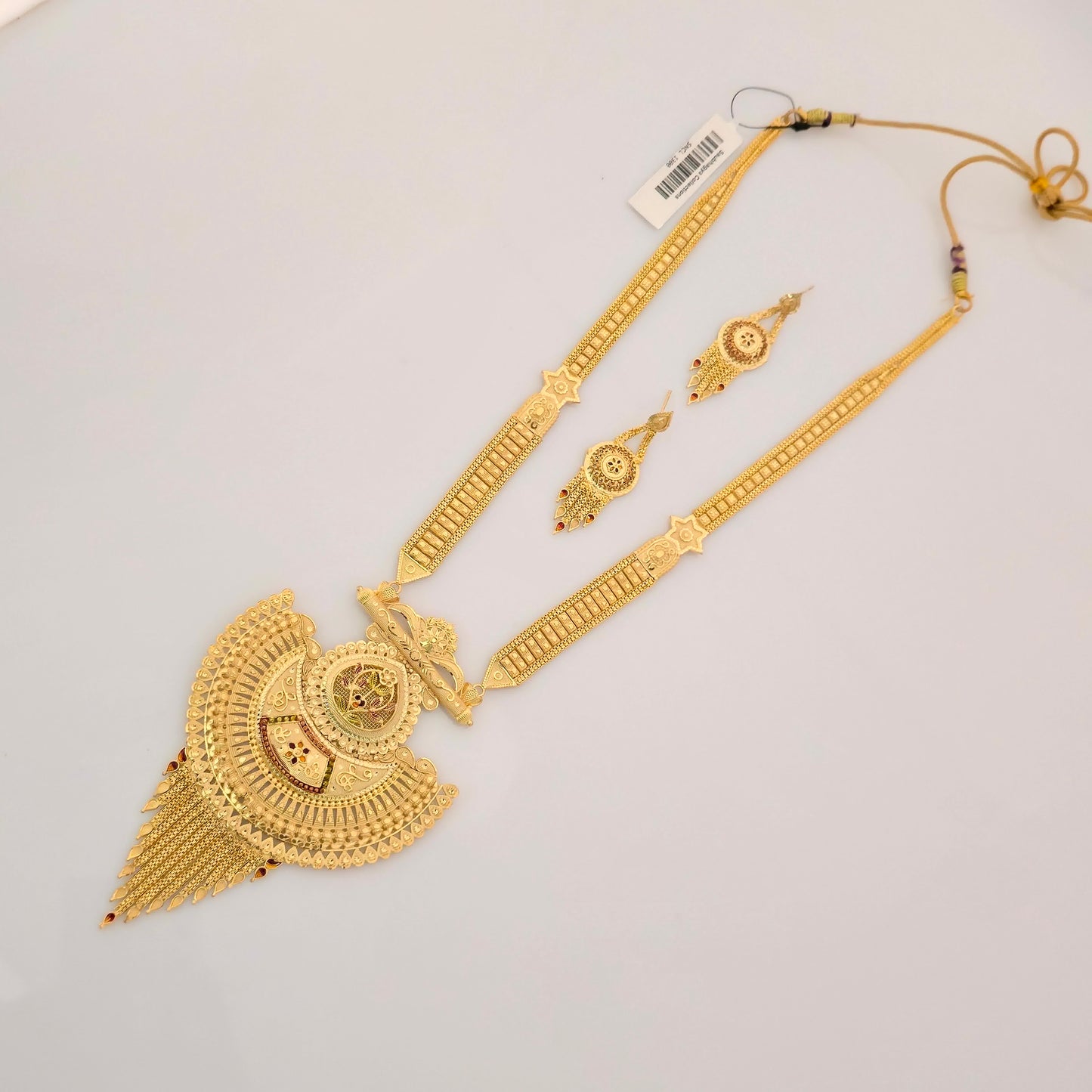 1 Gram Gold (Forming) Long Temple Necklace Set with Grand Antique Pendant & Designer Earrings | Traditional Haram Jewellery
