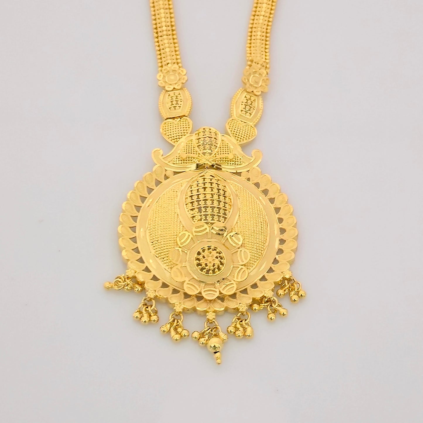 1 Gram Gold (Forming) Long Temple Necklace Set with Round Antique Pendant & Coin Earrings | Traditional Haram Jewellery