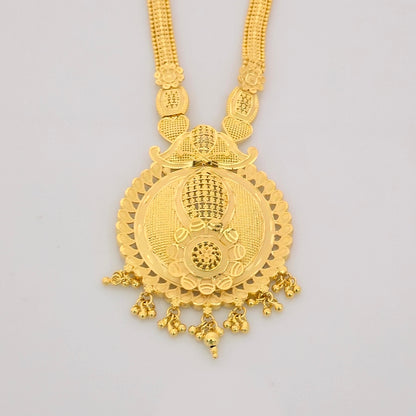 1 Gram Gold (Forming) Long Temple Necklace Set with Round Antique Pendant & Coin Earrings | Traditional Haram Jewellery
