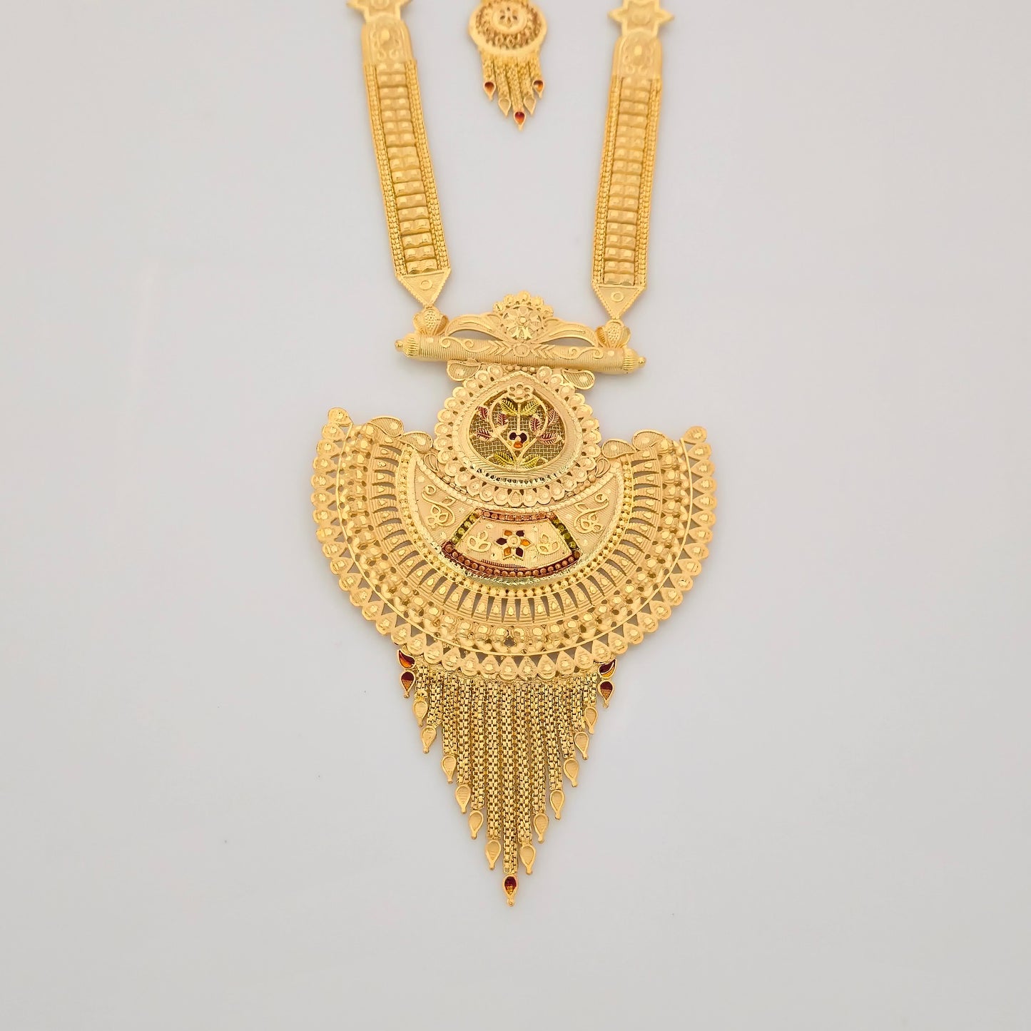 1 Gram Gold (Forming) Long Temple Necklace Set with Grand Antique Pendant & Designer Earrings | Traditional Haram Jewellery