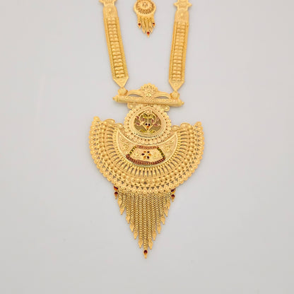 1 Gram Gold (Forming) Long Temple Necklace Set with Grand Antique Pendant & Designer Earrings | Traditional Haram Jewellery