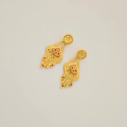 1 Gram Gold (Forming) Long Temple Necklace Set with Antique Pendant & Designer Earrings | Traditional Haram Jewellery