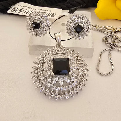 Silver_Black_Stone_Statement_Pendant_Set_with_Crystal_Halo - Saubhagya Collection 