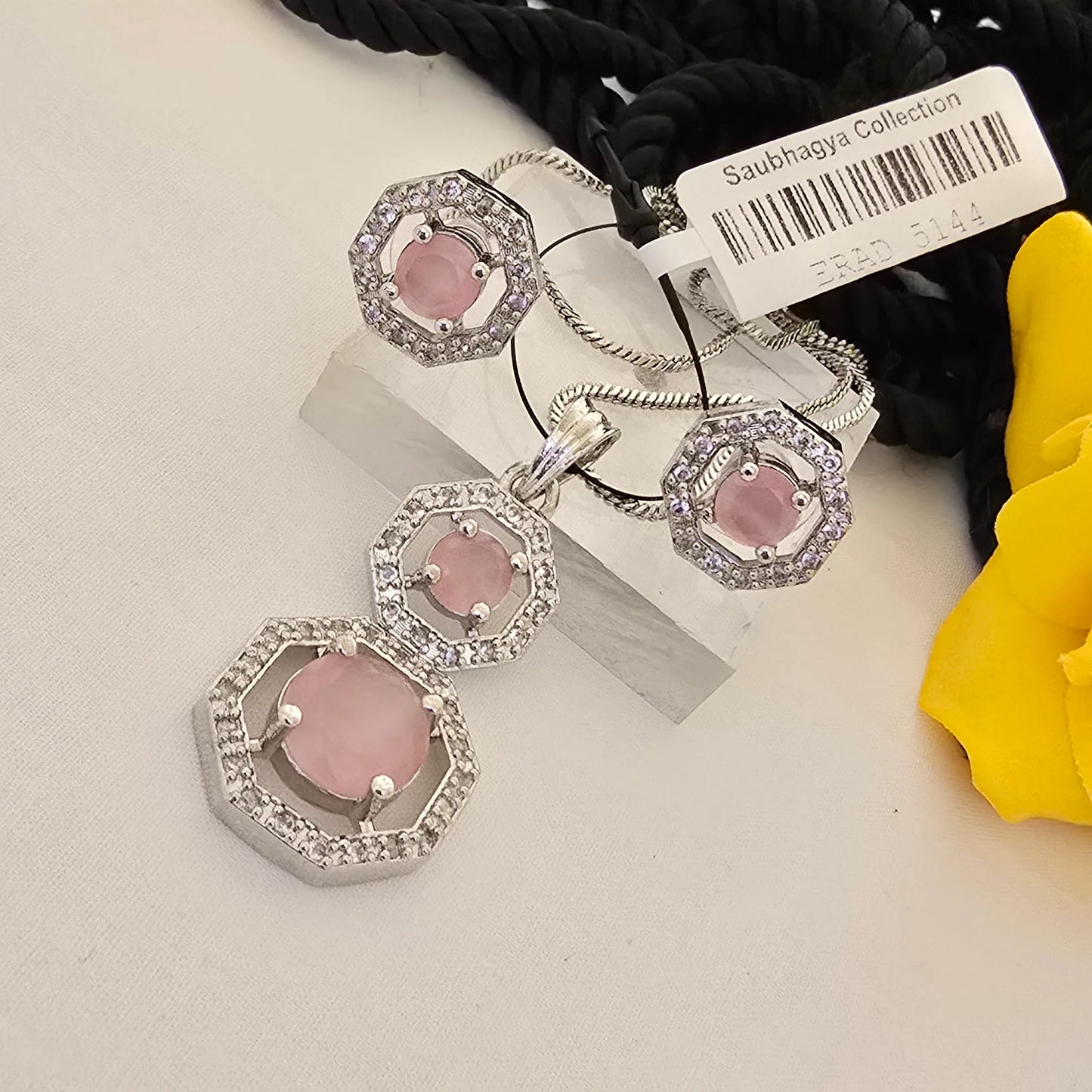 Silver_Pink_Octagon_Pendant_Set - Saubhagya Collection 