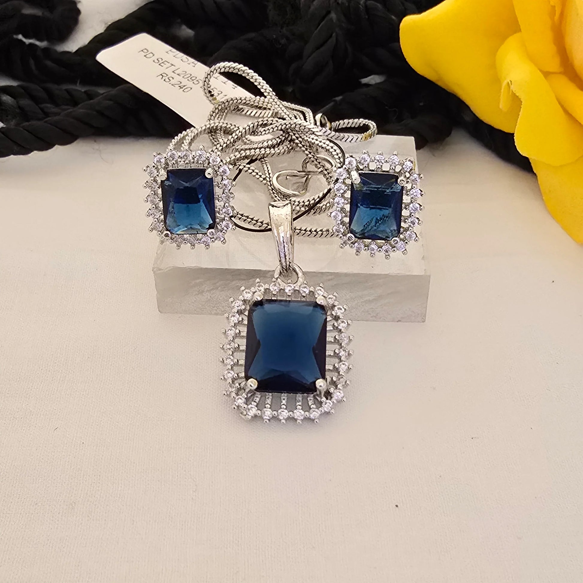 Silver_Royal_Blue_Square_Pendant_Set_with_Crystal_Halo - Saubhagya Collection 