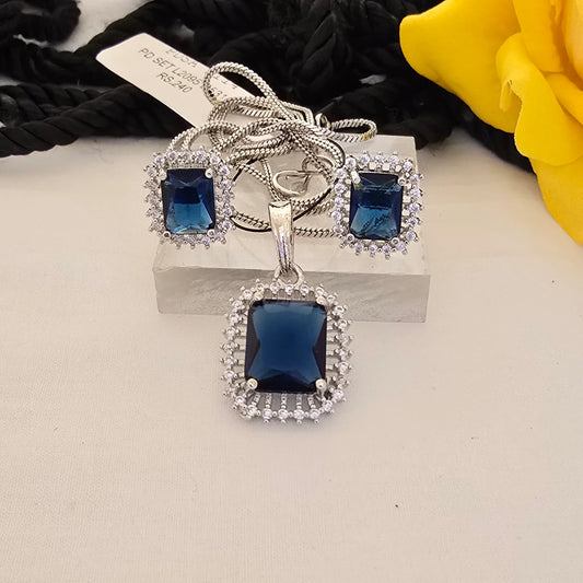 Silver_Royal_Blue_Square_Pendant_Set_with_Crystal_Halo - Saubhagya Collection 