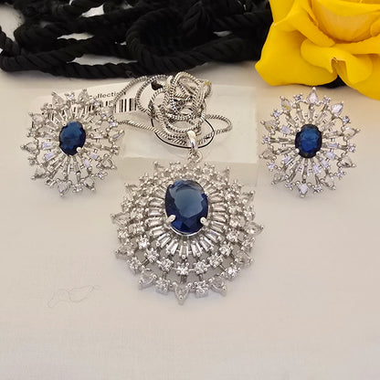 Silver_Royal_Blue_Stone_Pendant_Set_with_Crystal_Sunburst - Saubhagya Collection 