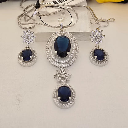 Silver_Royal_Blue_Stone_Pendant_Set_with_Crystal_Sunburst_Design - Saubhagya Collection 