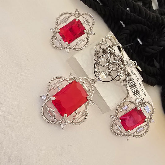Silver_Ruby_Red_Square_Pendant_Set_with_Crystal_Floral_Design - Saubhagya Collection 
