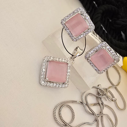 Silver_Square_Pendant_Set_with_Soft_Pink_Stone_Elegant_Minimal_Jewellery - Saubhagya Collection 