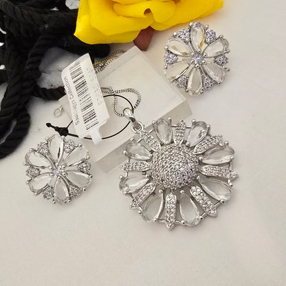 Silver_Stone_Floral_Pendant_Set_with_Earrings_Silver_Plated_Jewellery - Saubhagya Collection 