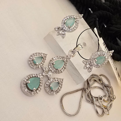Silver_Teardrop_Pendant_Set_with_Mint_Green_Stones_Elegant_Party_Wear_Jewellery - Saubhagya Collection 