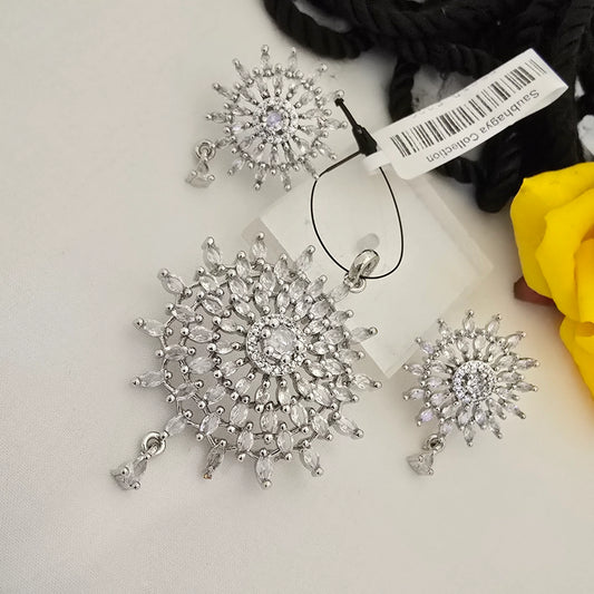 Snowflake_Crystal_Pendant_Set_with_Earrings_Silver_Plated_Designer_Jewellery - Saubhagya Collection 