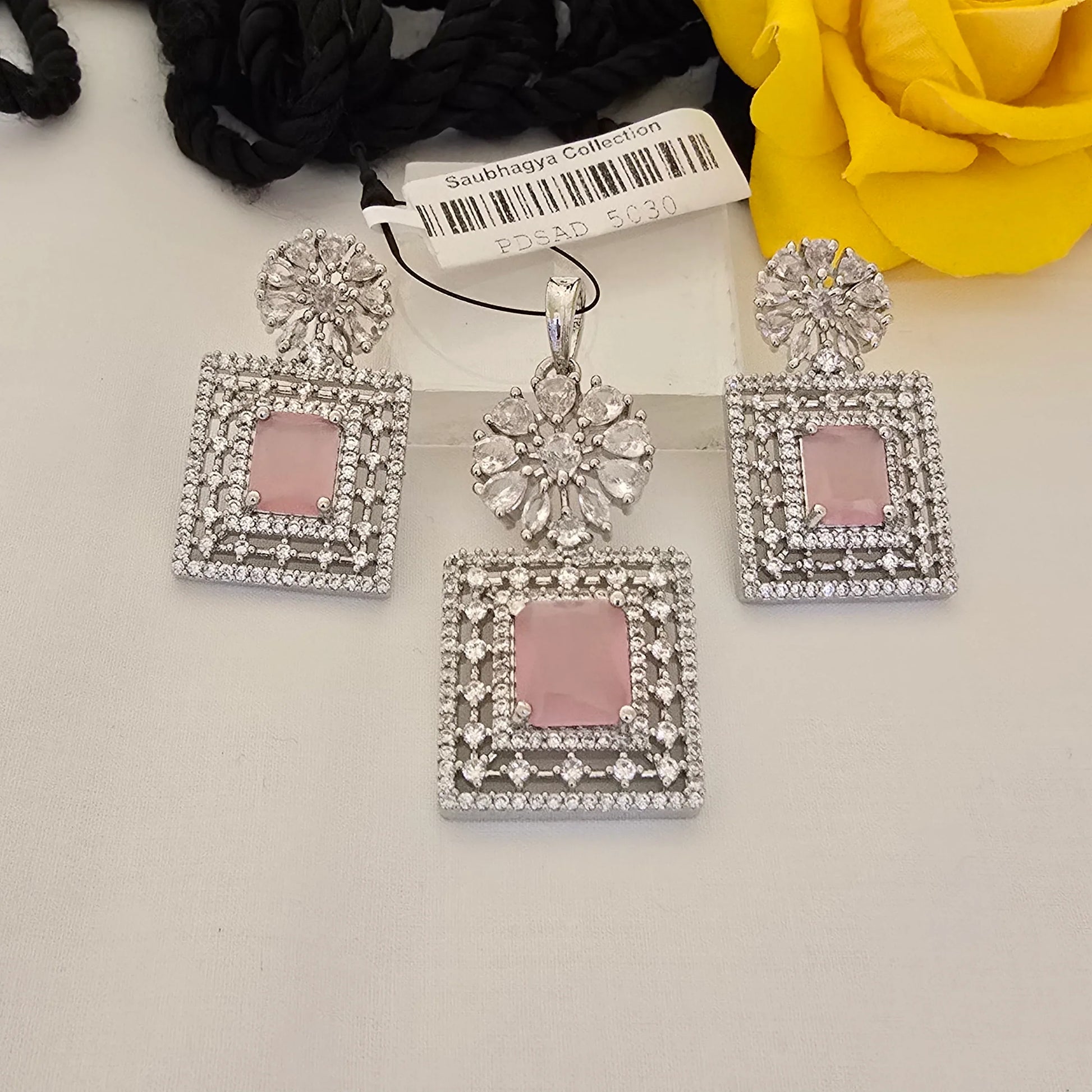 Square_Pink_Stone_Pendant_Set_with_Earrings_Silver_Plated_Designer_Jewellery - Saubhagya Collection 
