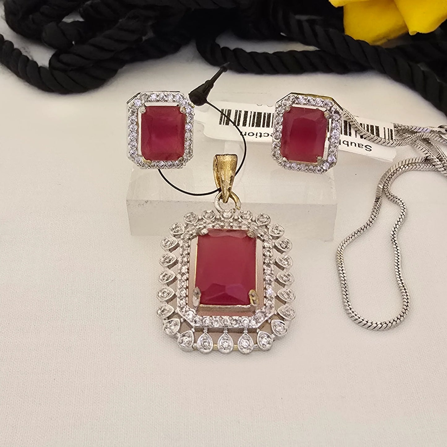 Square_Ruby_Red_Stone_Pendant_Set_with_Earrings_Gold_Silver_Designer_Jewellery - Saubhagya Collection 