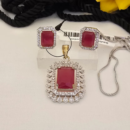 Square_Ruby_Red_Stone_Pendant_Set_with_Earrings_Gold_Silver_Designer_Jewellery - Saubhagya Collection 