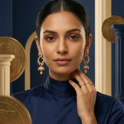 AD zirconia jhumka earrings, traditional gold earrings, ethnic bridal earrings, screw back earrings, festive jhumka design, imitation jewellery for women, water resistant earrings