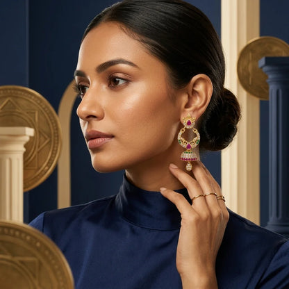 AD zirconia jhumka earrings, traditional gold earrings, ethnic bridal earrings, screw back earrings, festive jhumka design, imitation jewellery for women, water resistant earrings