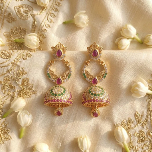 AD zirconia jhumka earrings, traditional gold earrings, ethnic bridal earrings, screw back earrings, festive jhumka design, imitation jewellery for women, water resistant earrings