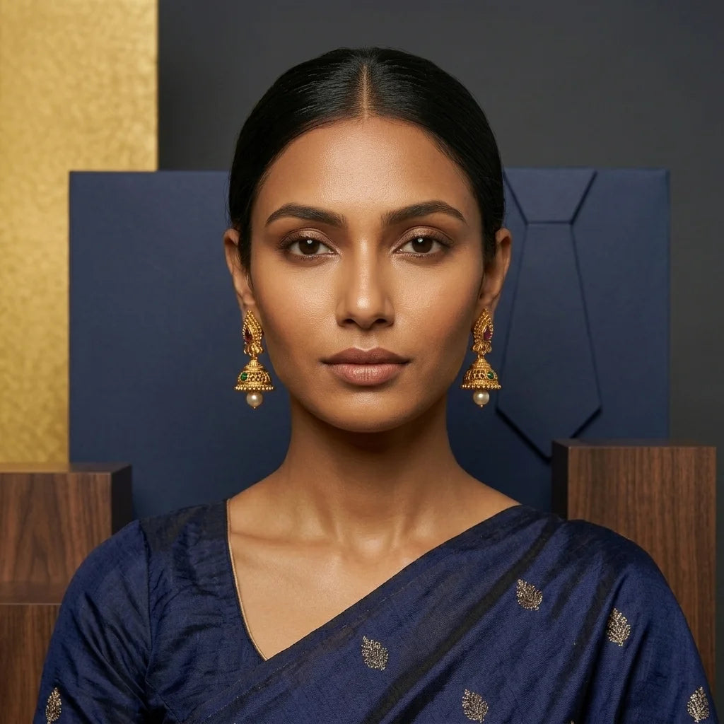 traditional pearl jhumka earrings, antique gold earrings, temple jewellery earrings, ethnic screw back earrings, mini jhumka design, pearl drop earrings, imitation jewellery for women