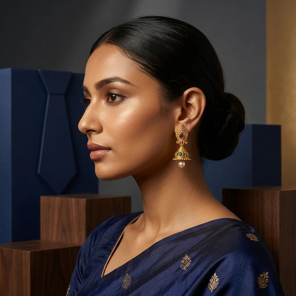 traditional pearl jhumka earrings, antique gold earrings, temple jewellery earrings, ethnic screw back earrings, mini jhumka design, pearl drop earrings, imitation jewellery for women