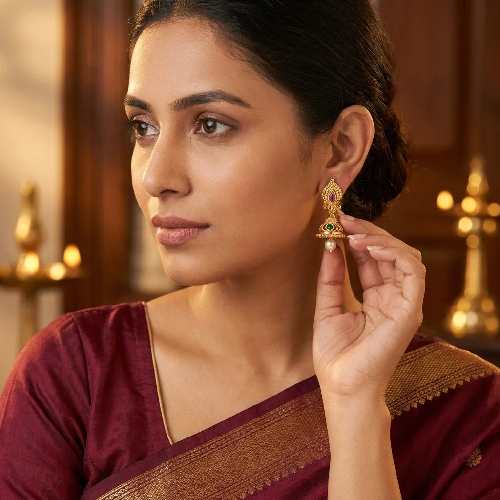 traditional pearl jhumka earrings, antique gold earrings, temple jewellery earrings, ethnic screw back earrings, mini jhumka design, pearl drop earrings, imitation jewellery for women