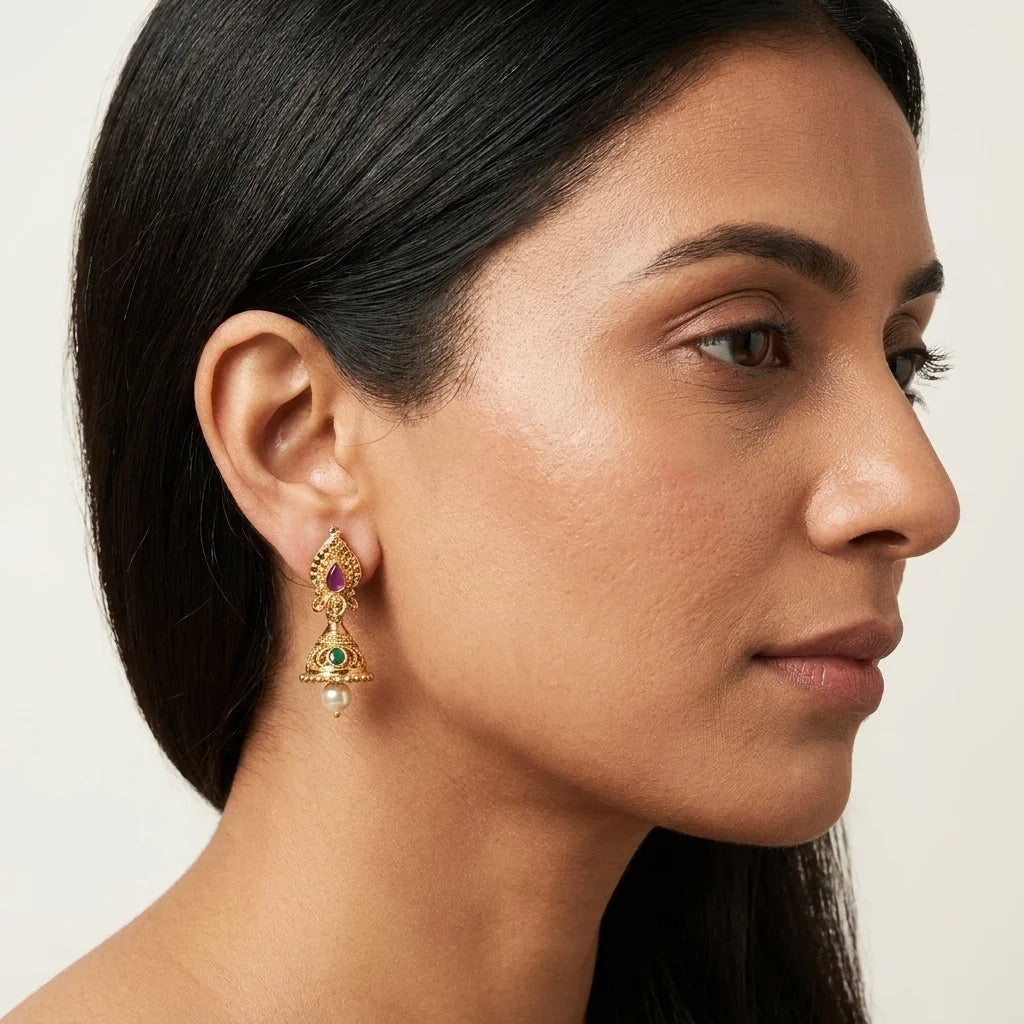 traditional pearl jhumka earrings, antique gold earrings, temple jewellery earrings, ethnic screw back earrings, mini jhumka design, pearl drop earrings, imitation jewellery for women