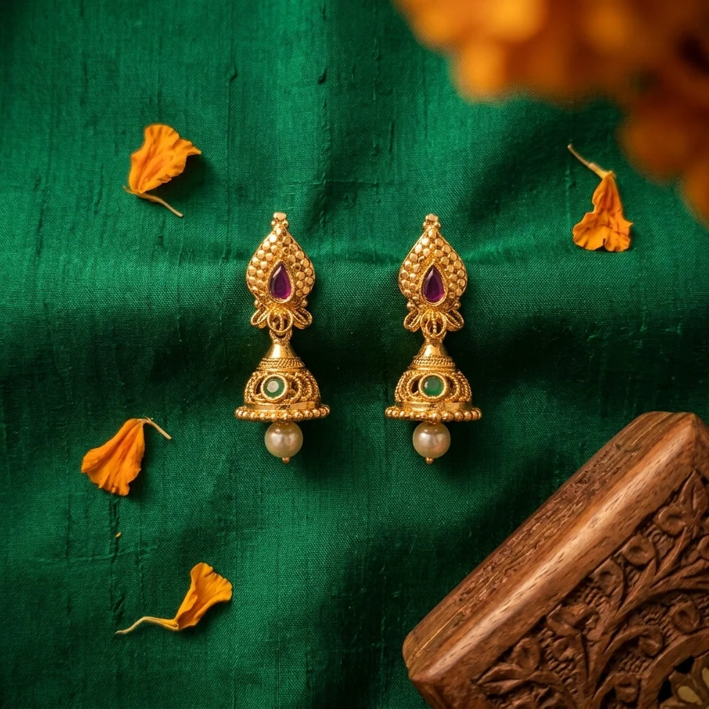 traditional pearl jhumka earrings, antique gold earrings, temple jewellery earrings, ethnic screw back earrings, mini jhumka design, pearl drop earrings, imitation jewellery for women