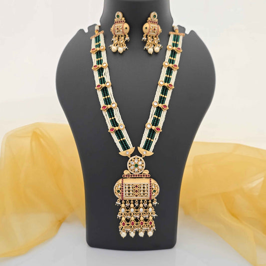 Traditional Copper Long Necklace Set with Pearl Beads & Pendant for Women