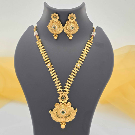 Traditional Copper Long Necklace Set with Antique Pendant & Earrings for Women