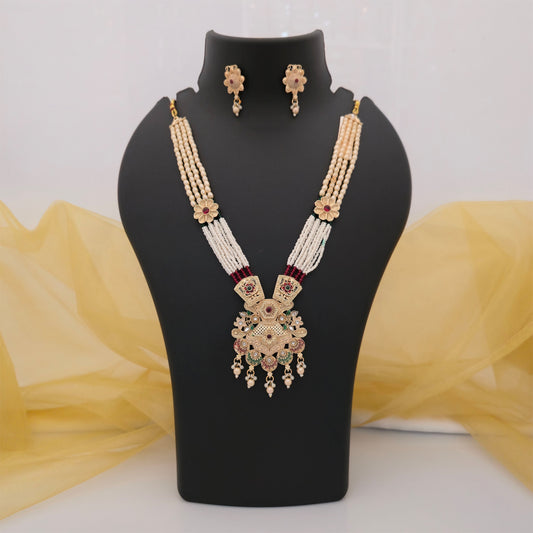 traditional cream and white multistrand beaded necklace set with antique gold tone pendant and matching earrings, maroon stone artificial jewellery for women, ethnic necklace with pearl style drops, traditional Indian jewellery set for weddings and festivals

