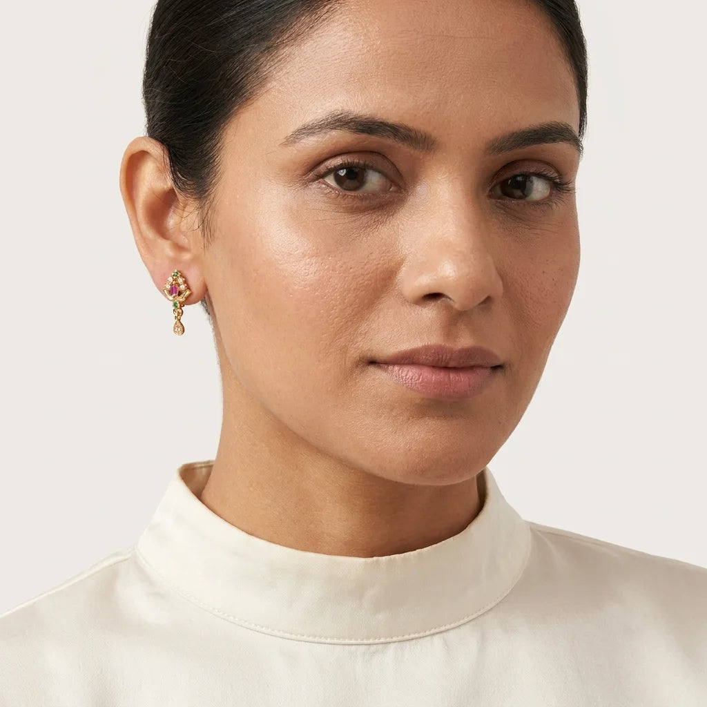traditional floral earrings, multicolor stone earrings, ethnic drop earrings, gold finish earrings, festive jewellery, ruby green earrings, lightweight womens earrings, elegant fashion jewellery
