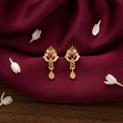 traditional floral earrings, multicolor stone earrings, ethnic drop earrings, gold finish earrings, festive jewellery, ruby green earrings, lightweight womens earrings, elegant fashion jewellery