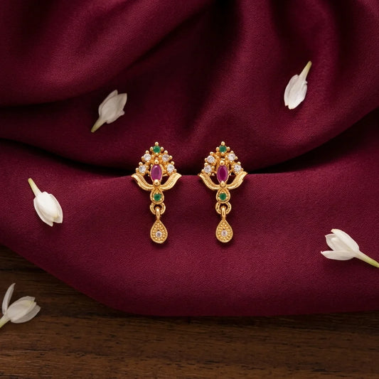traditional floral earrings, multicolor stone earrings, ethnic drop earrings, gold finish earrings, festive jewellery, ruby green earrings, lightweight womens earrings, elegant fashion jewellery