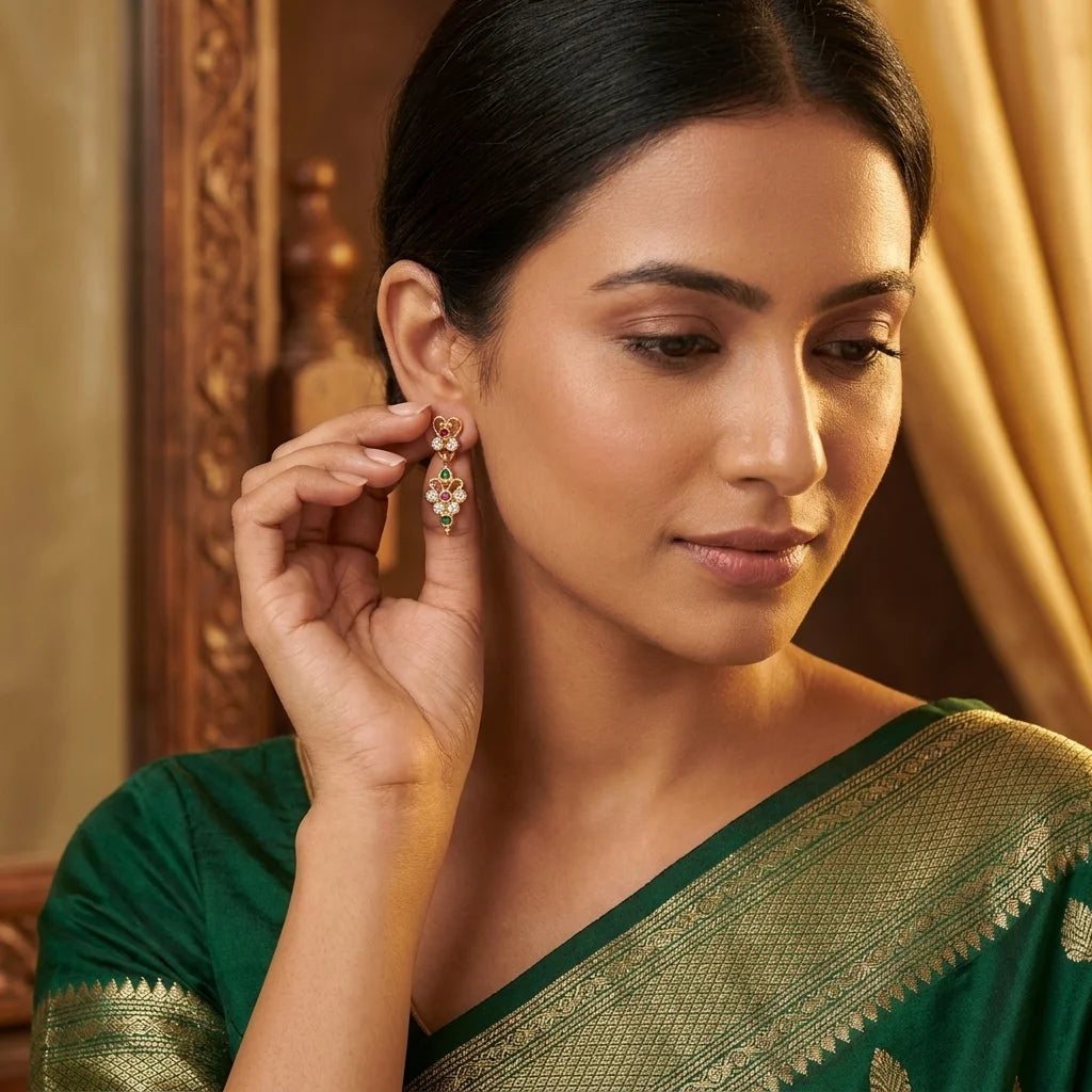 traditional floral earrings, multicolor stone earrings, designer ethnic earrings, gold finish earrings, ruby green earrings, festive jewellery, lightweight womens earrings, elegant fashion earrings