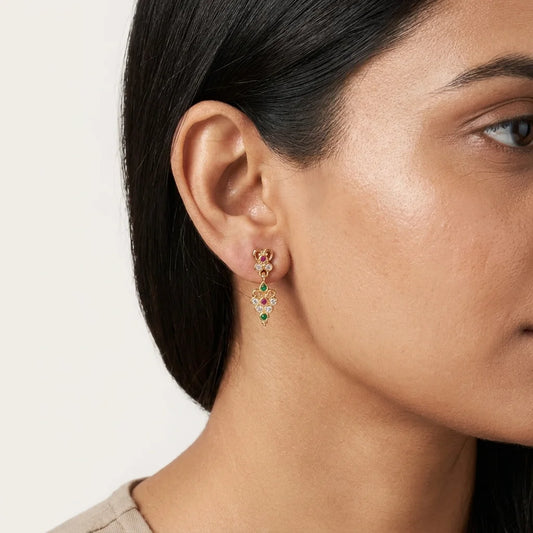 traditional floral earrings, multicolor stone earrings, designer ethnic earrings, gold finish earrings, ruby green earrings, festive jewellery, lightweight womens earrings, elegant fashion earrings