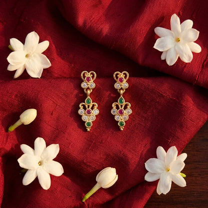traditional floral earrings, multicolor stone earrings, designer ethnic earrings, gold finish earrings, ruby green earrings, festive jewellery, lightweight womens earrings, elegant fashion earrings