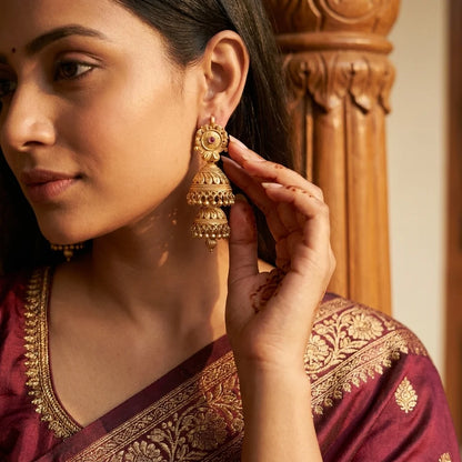 traditional gold jhumka earrings, ethnic double layer jhumki, antique bridal earrings, festive earrings for women, temple jewellery earrings, water resistant earrings, imitation jewellery