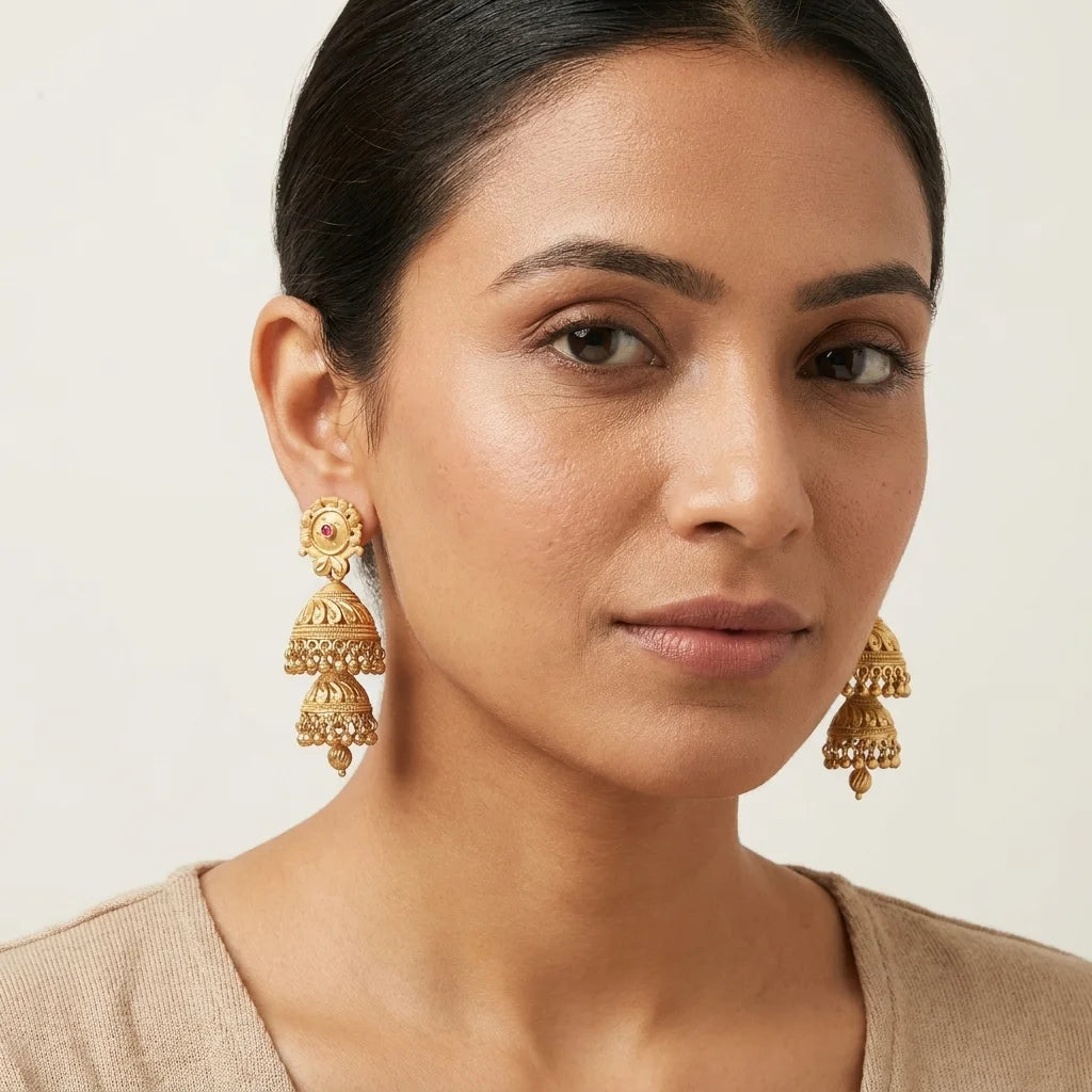 traditional gold jhumka earrings, ethnic double layer jhumki, antique bridal earrings, festive earrings for women, temple jewellery earrings, water resistant earrings, imitation jewellery
