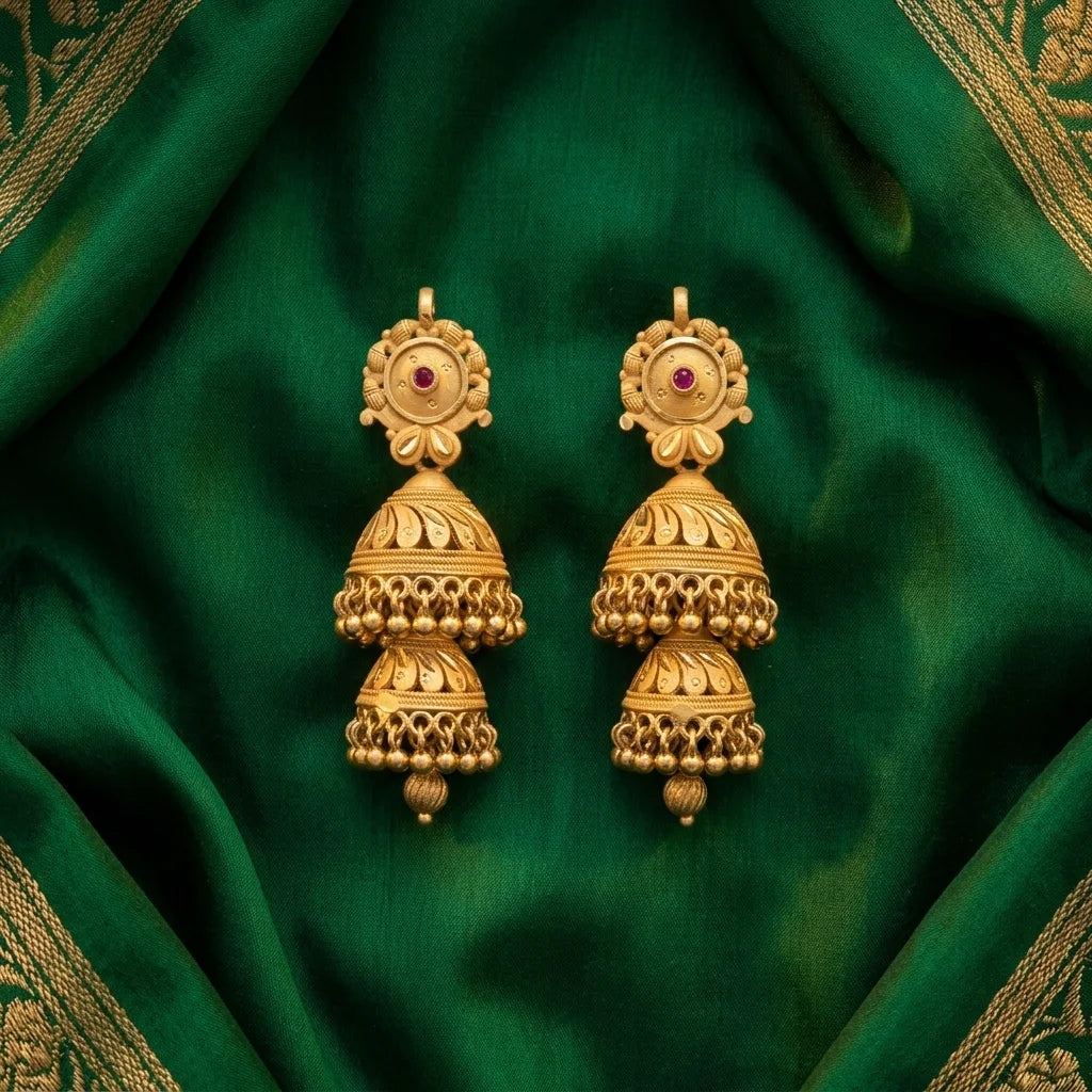 traditional gold jhumka earrings, ethnic double layer jhumki, antique bridal earrings, festive earrings for women, temple jewellery earrings, water resistant earrings, imitation jewellery