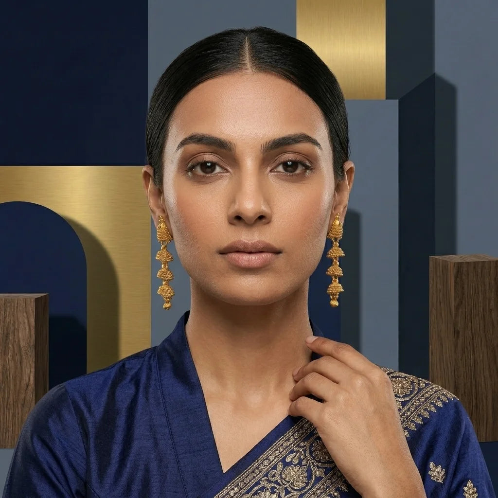 traditional gold jhumki earrings, long ethnic earrings, antique gold jhumka, festive earrings for women, temple jewellery earrings, water resistant earrings, imitation jewellery