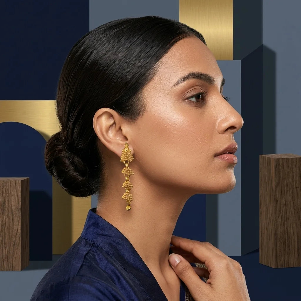 traditional gold jhumki earrings, long ethnic earrings, antique gold jhumka, festive earrings for women, temple jewellery earrings, water resistant earrings, imitation jewellery
