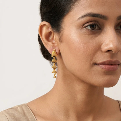 traditional gold jhumki earrings, long ethnic earrings, antique gold jhumka, festive earrings for women, temple jewellery earrings, water resistant earrings, imitation jewellery