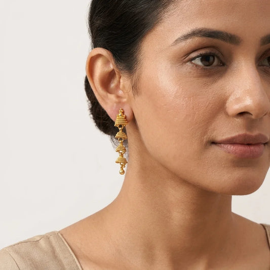 traditional gold jhumki earrings, long ethnic earrings, antique gold jhumka, festive earrings for women, temple jewellery earrings, water resistant earrings, imitation jewellery
