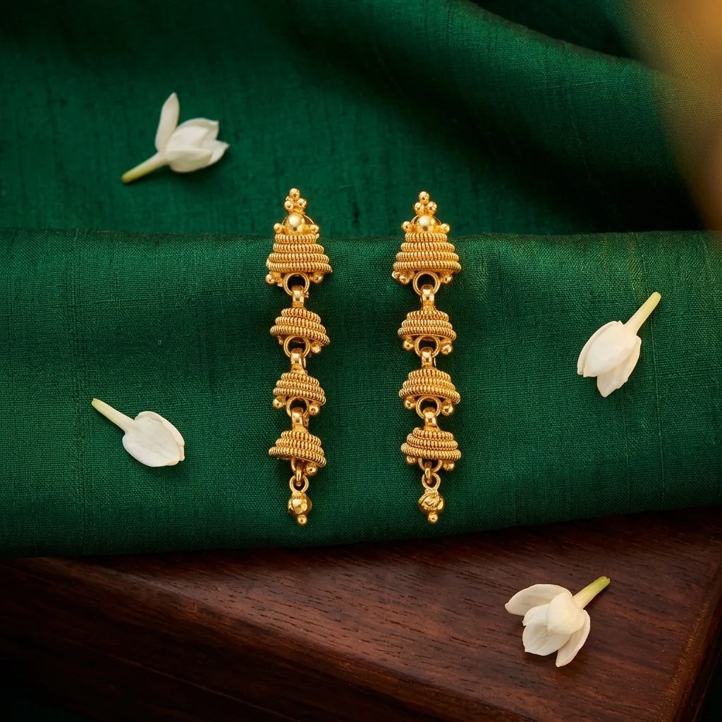 traditional gold jhumki earrings, long ethnic earrings, antique gold jhumka, festive earrings for women, temple jewellery earrings, water resistant earrings, imitation jewellery