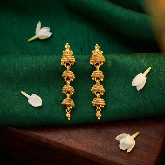traditional gold jhumki earrings, long ethnic earrings, antique gold jhumka, festive earrings for women, temple jewellery earrings, water resistant earrings, imitation jewellery