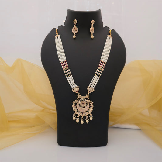 traditional long pearl beaded necklace set with antique gold tone pendant and matching earrings, white pearl strand necklace for women, elegant artificial jewellery set, Indian ethnic necklace set for weddings and festivals