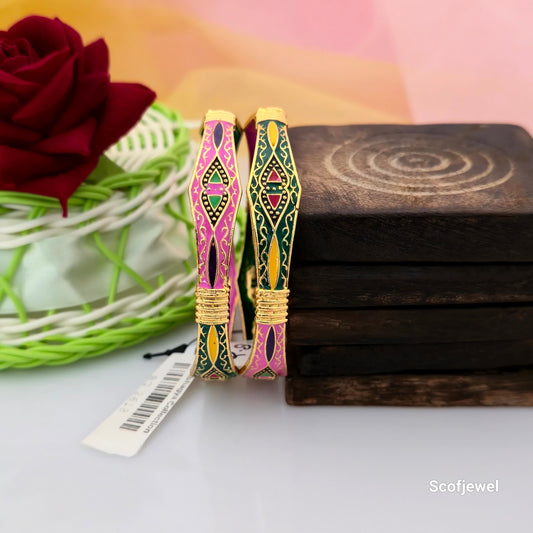 traditional multicolour gold tone designer bangles for women, pink and green ethnic bangles with decorative patterns, gold tone imitation bangles with colourful enamel style accents, traditional Indian bangles for festive wear, multicolour wedding bangles for women, designer ethnic jewellery bangles, Scofjewel traditional bangles